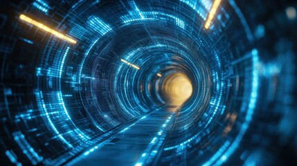 Futuristic Digital Tunnel with Glowing Blue Lines and Distant Yellow Light