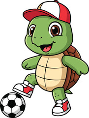 Cartoon turtle kicking soccer ball — cheerful athletic character in cap and sneakers for kids sports, games, and playful learning themes