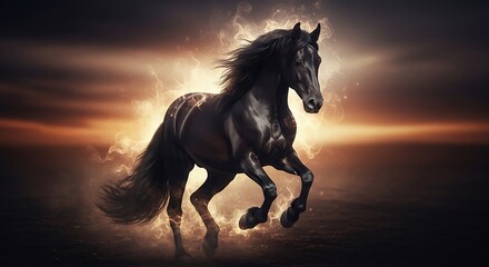 Strong black horse running outdoors
