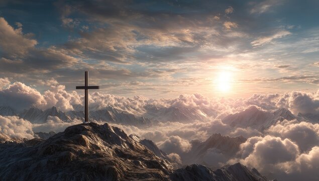 Cross on peak overlooking misty mountains under a cloudy, sunlit sky