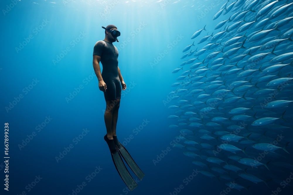Poster freediver swims beside school of fish in deep blue ocean with rays of sunlight creating magical unde