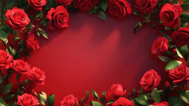 Red rose flower frame with green leaf floral decoration on red background, romantic elegant nature inspired border perfect for love celebration themes and fresh natural petals design