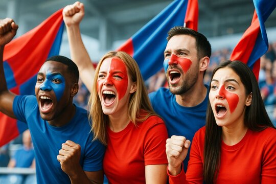 Group of excited sports fans with colorful face paint cheering at stadium, showing team spirit and unity with flags in vibrant background. Ai generative