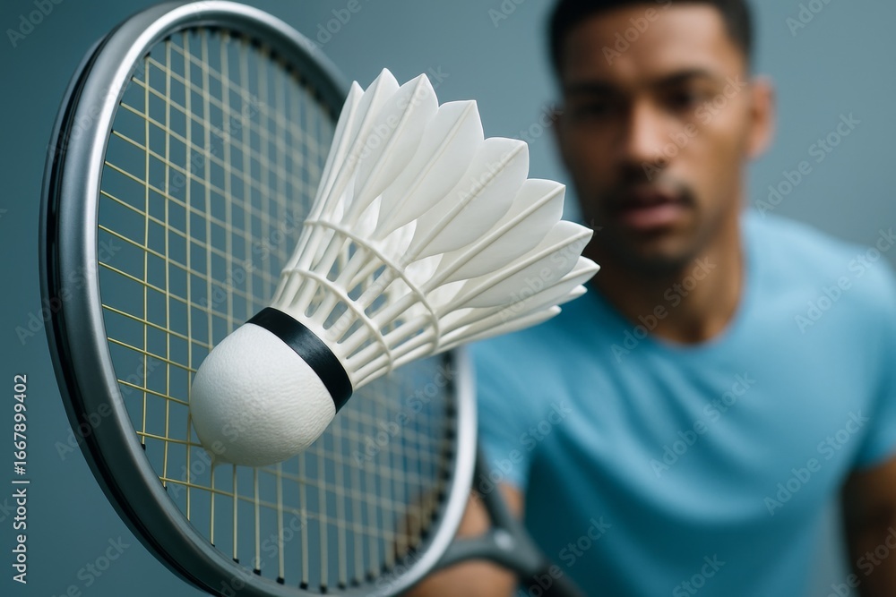 Poster close-up of shuttlecock hitting badminton racket with player in background, representing precision a