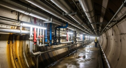 Fototapeta premium Man walking in a long underground tunnel with large industrial pipes and valves. Heating system pipeline infrastructure.