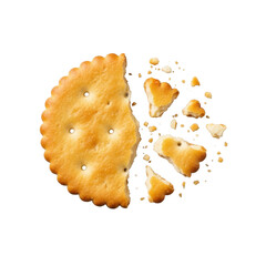 Golden-brown cracker, broken into irregular pieces with fine crumbs forming a pile, isolated on a seamless transparent background with diffused lighting, macro studio photo. Concept of fractured