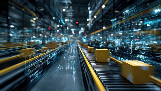 Boxes move on conveyor, warehouse tech overlay; Automated shipping, logistics use