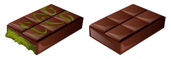 Dubai Chocolate Bar with Pistachio and Kadayif Filling vs. Plain Milk Chocolate - Sweet Dessert Illustration
