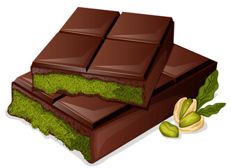 Stacked Dubai Chocolate Broken Bar with Creamy Pistachio Tahini and Kataifi Filling - Authentic Dessert Detailed Illustration