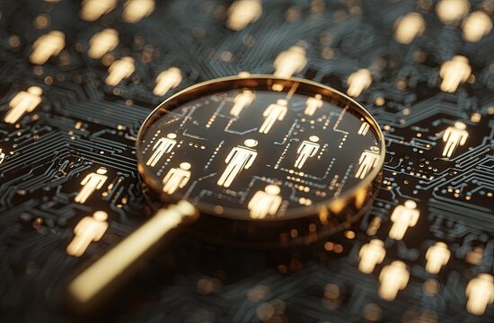 Magnifying glass over human figures on a circuit board, representing data analysis - Powered by Adobe
