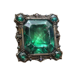 Crystal-embedded fantasy game button, emerald green center with carved silver border, rectangular shape, magical UI icon, high-resolution and intricate details