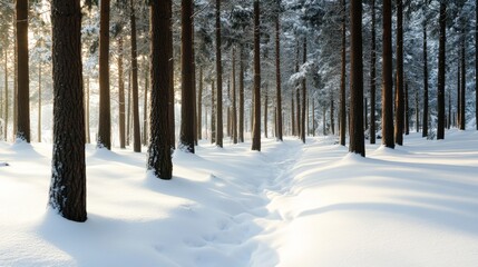 Fototapeta premium Tranquil winter wonderland snow-covered forest path nature exploration serene environment close-up perspective peaceful escape