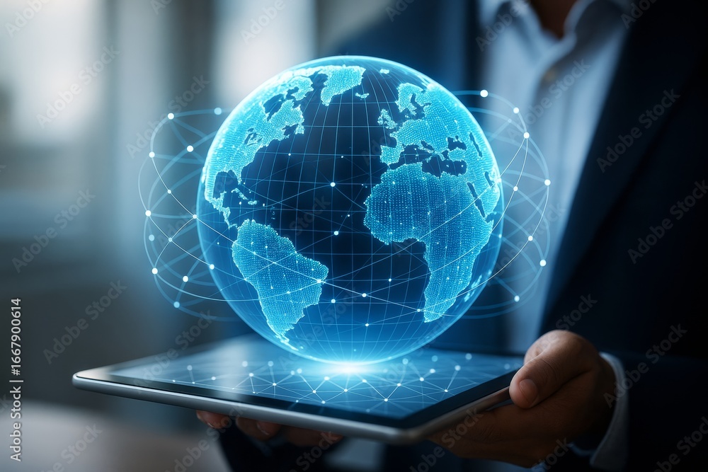 Aufkleber digital globe with network connections hovering above tablet in businessman's hands, symbolizing glo