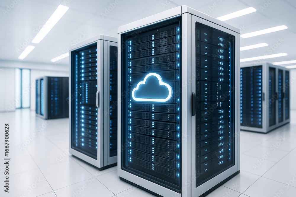 Poster cloud data storage servers in modern technology room with glowing lights representing abstract digit