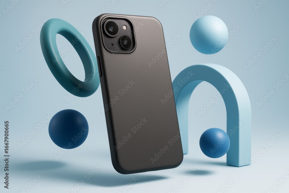 Poster smartphone with blank black case floating among abstract geometric shapes on light blue background f