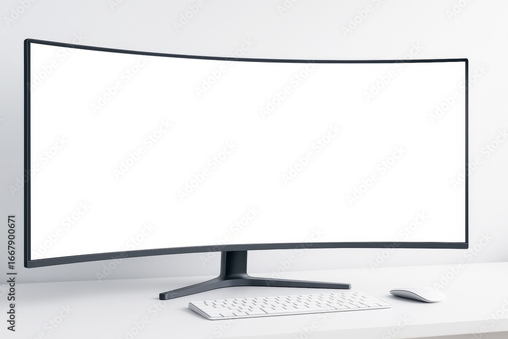 Poster curved widescreen monitor mockup with blank display on white desk and minimal background for brandin