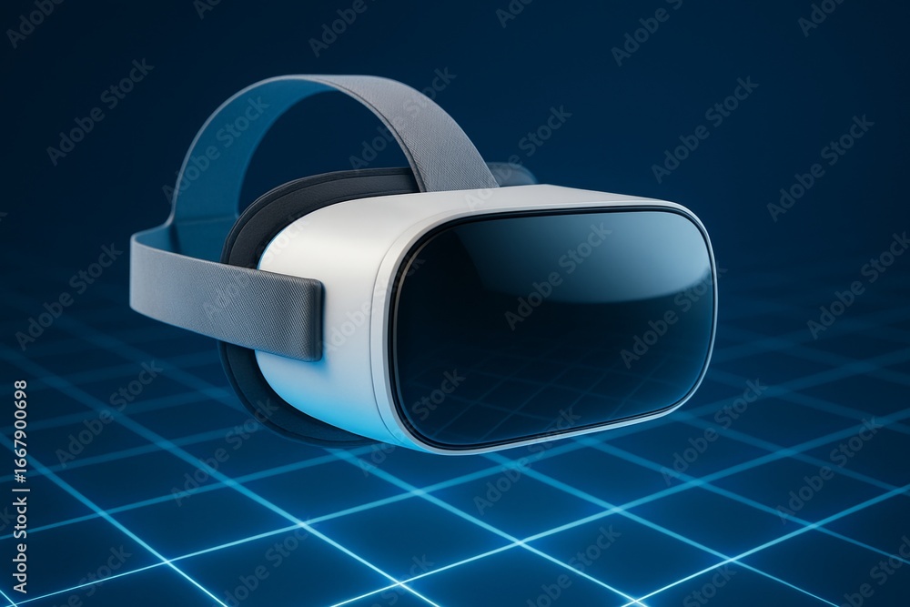 Poster Futuristic virtual reality headset mockup on a glowing grid background with clean design layout and empty copyspace for branding presentation. Ai generative