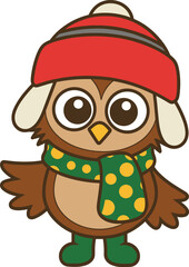 Cute cartoon owl in red winter hat and green scarf — cozy forest bird character for seasonal, educational, and children’s themes