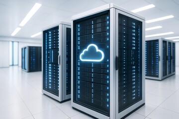 Cloud data storage servers in modern technology room with glowing lights representing abstract digital infrastructure concept background. Ai generative