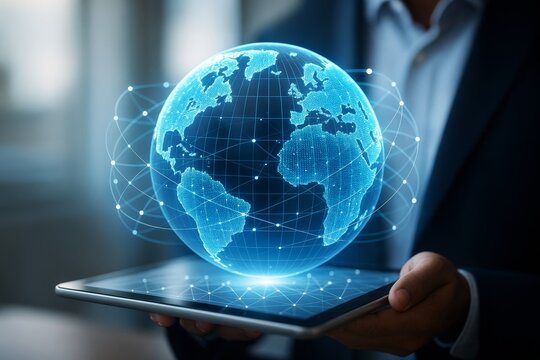 Digital globe with network connections hovering above tablet in businessman's hands, symbolizing global communication and technology concept. Ai generative - Powered by Adobe