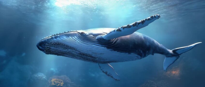 Humpback whale swimming underwater in ocean with sunlight filtering through water showing detailed skin texture barnacles on fins in serene marine aquatic mammal sea water fin environment