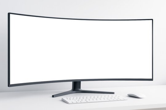 Curved widescreen monitor mockup with blank display on white desk and minimal background for branding and presentation purposes. Ai generative