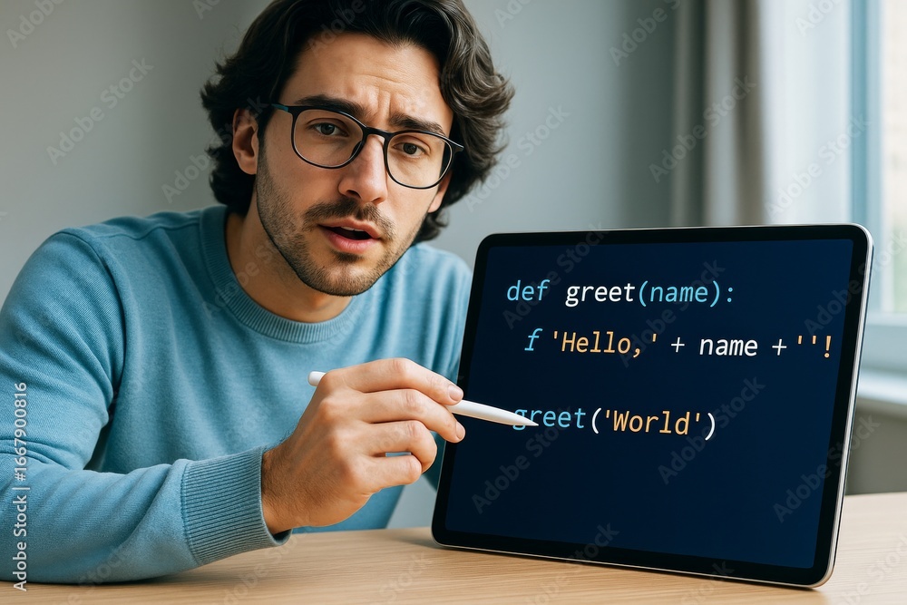Aufkleber man teaching python programming on tablet screen in modern room with natural light, illustrating cod