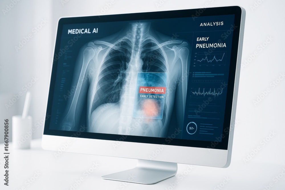 Poster medical ai interface displaying pneumonia detection on chest x-ray image on a monitor in a clinical 