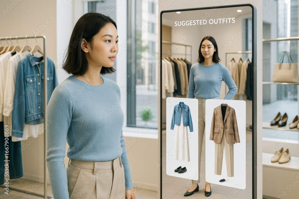 Poster woman using interactive smart mirror suggesting outfit choices in modern clothing store with light i
