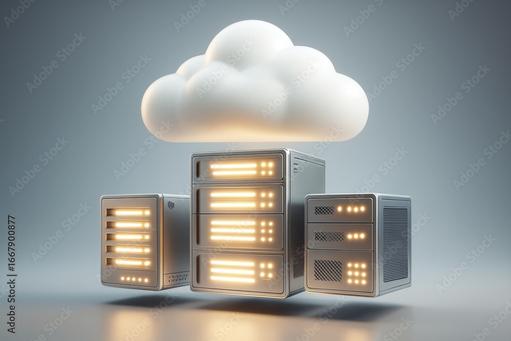 Aufkleber cloud storage concept with glowing servers and illuminated cloud on gradient background, symbolizing