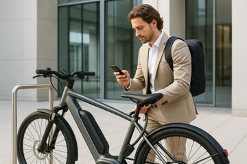 Businessman using smartphone while parking electric bicycle near office building in daylight, wearing backpack and beige suit outdoors. Ai generative