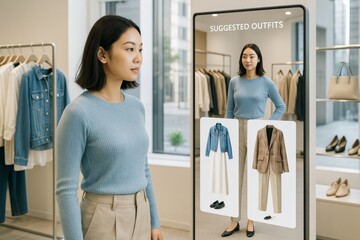 Woman using interactive smart mirror suggesting outfit choices in modern clothing store with light interior background and stylish concept.. Ai generative