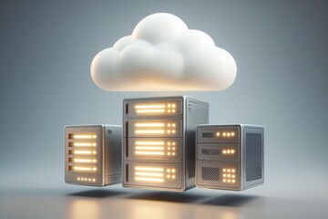 Cloud storage concept with glowing servers and illuminated cloud on gradient background, symbolizing futuristic data technology and connectivity. Ai generative