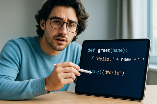 Man teaching Python programming on tablet screen in modern room with natural light, illustrating coding concept and digital learning environment. Ai generative