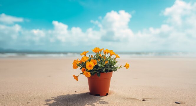 Floral Arrangement by the Shore, Vibrant Hues against a Blurred Seascape Backdrop.