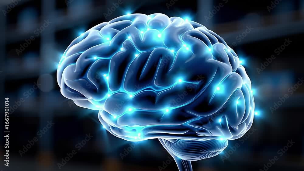 Poster a digital representation of a brain, highlighted with glowing connections, suggesting neural activit