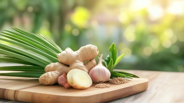 Ginger root garlic bulb onion slice green leaves spice seeds wooden cutting board fresh natural light herb healthy cooking ingredients kitchen atmosphere