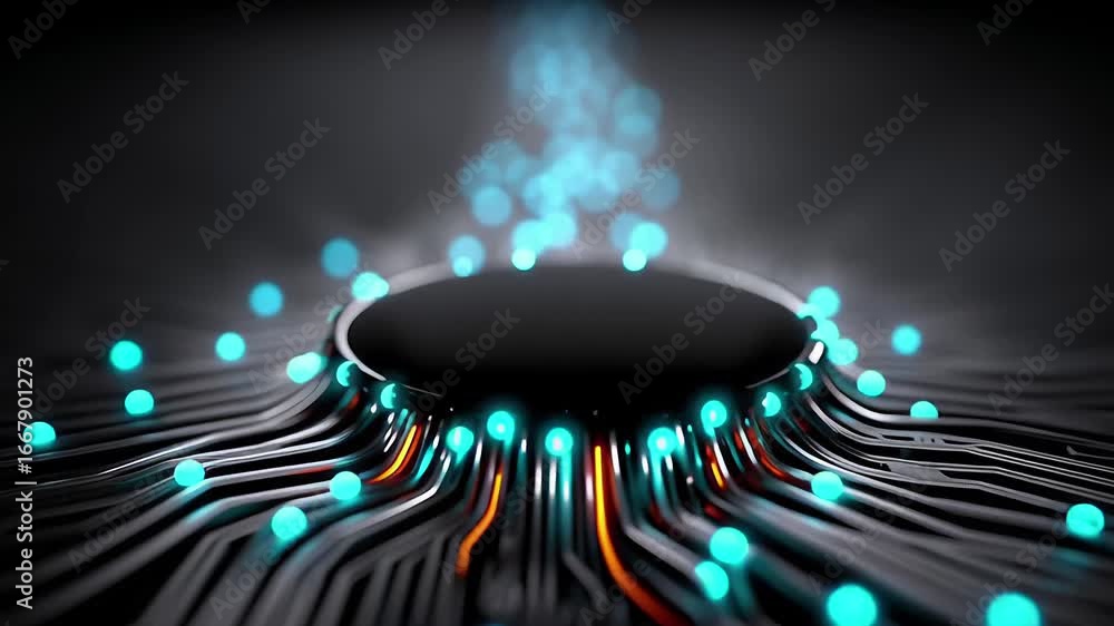 Poster a futuristic abstract representation of a circuit board with glowing blue lights and flowing lines, 