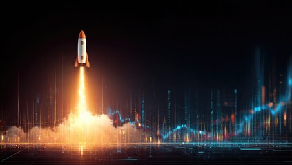 Rocket launching with financial market data backdrop