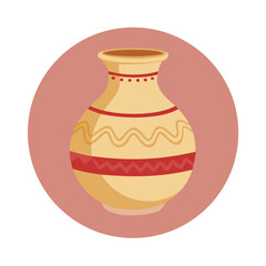 Decorative Clay Vase Vector with Ethnic Pattern on Round Background