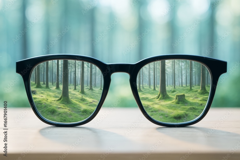 Aufkleber clear vision glasses focusing on sharp forest view with blurred dreamy background representing clari