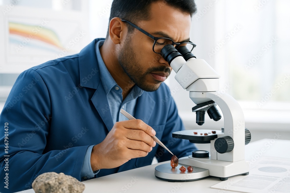 Poster scientist examining gemstone samples under microscope in bright laboratory environment with scientif