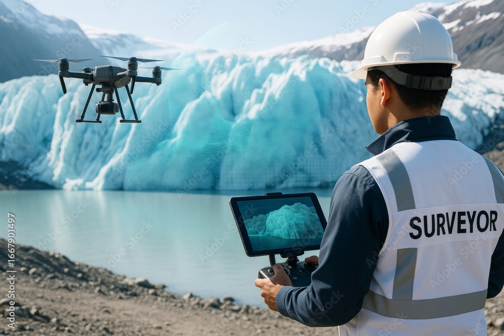 Poster surveyor operating drone to scan glacier in arctic environment with digital data overlay, showcasing