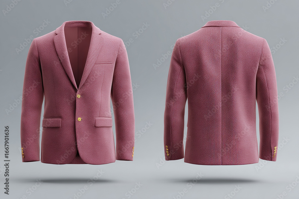 Poster mauve blazer. front shows notched lapel, two-button closure, flap pockets. rear view shows seam down