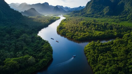 Serene river journey through lush mountains laos aerial view nature adventure landscape photography