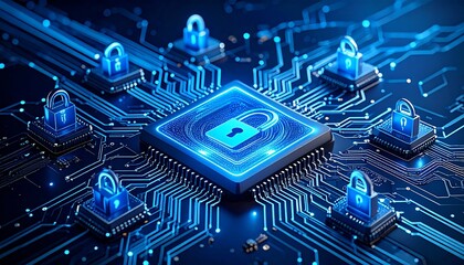 Open padlock glowing on circuit board