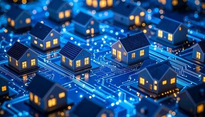 Smart homes glowing on circuit board surface