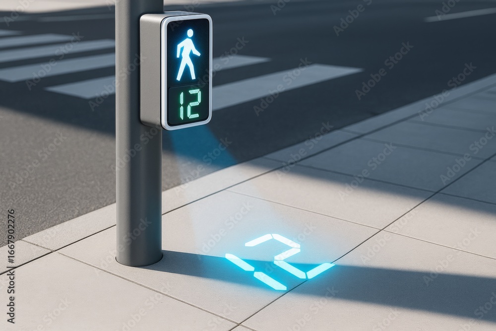 Aufkleber futuristic pedestrian signal light displaying countdown and projecting time on sidewalk with urban s