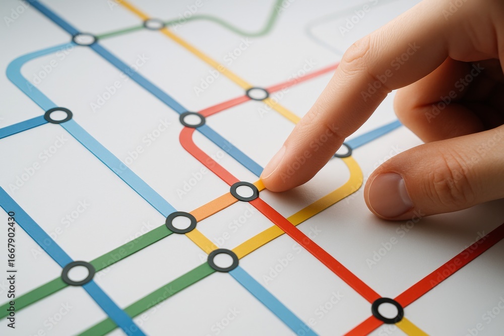 Poster Close-up of hand pointing on abstract colorful subway map with intersecting lines and stations on light background, symbolizing transport connection. Ai generative