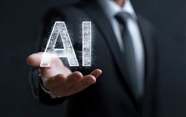 Executive presents AI in dark setting, showing tech in palm, suitable for business